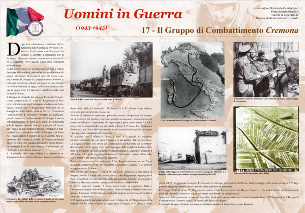 Il pannello dedicato al "Gruppo di combattimento Cremona" tratto dalla mostra itinerante “Uomini in Guerra. Le Forze Armate nella Guerra di Liberazione 1943-1945″ . La mostra, può essere ceduta in prestito con la formula del comodato d’uso gratuito. Contattaci. 06 4881519